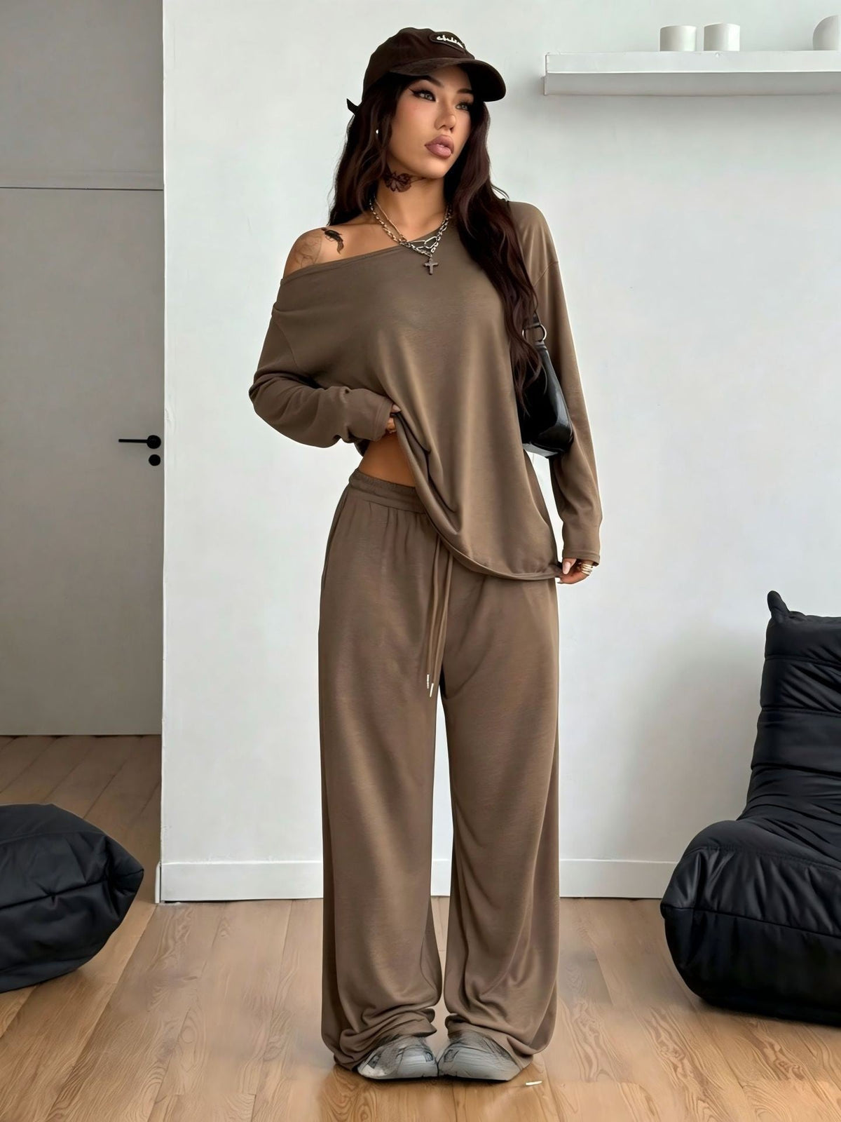 SpringSummer Women's Casual Solid-Color Sports Two-Piece Set