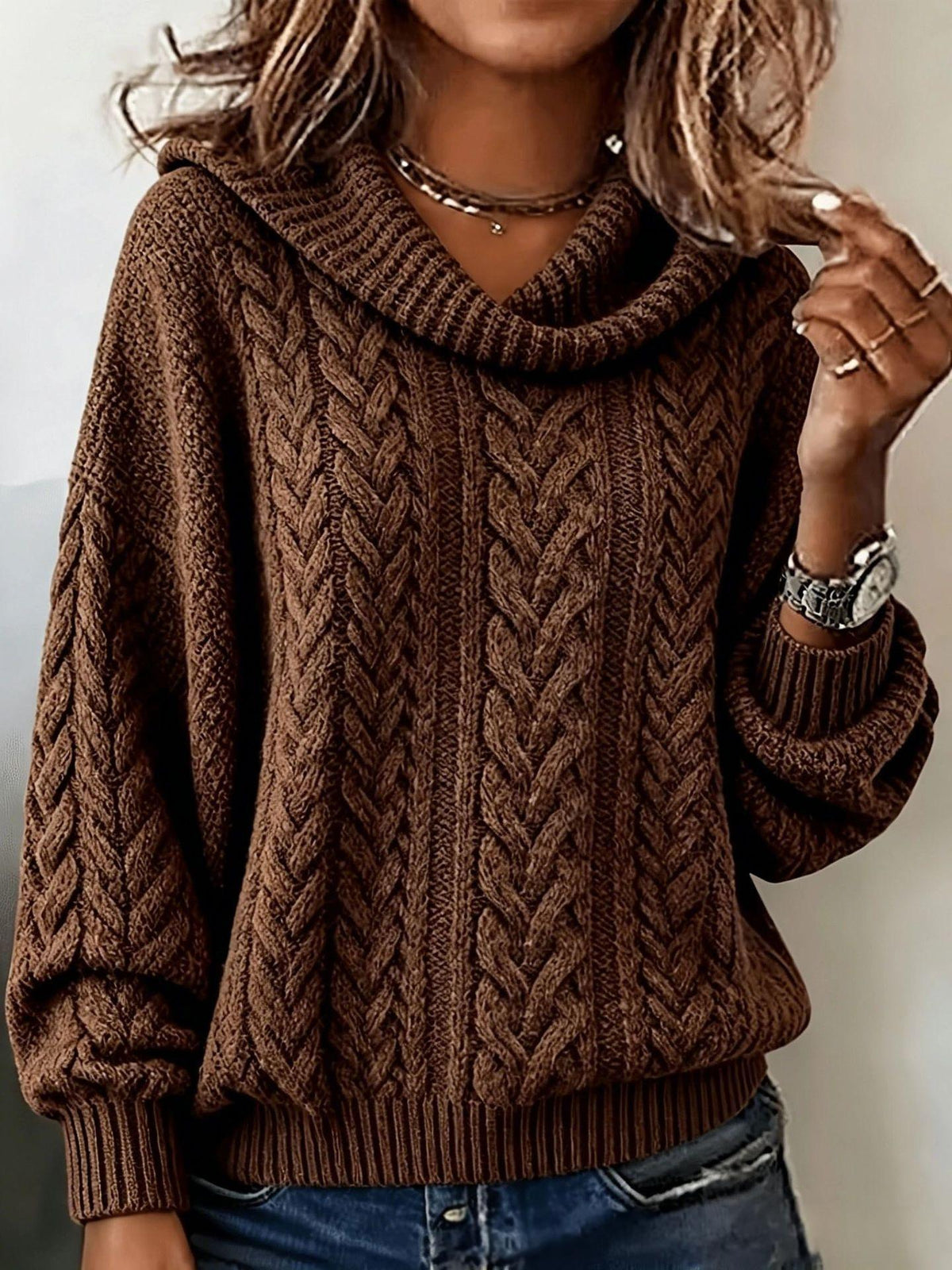 Women's Retro Loose Turtleneck Cable-Knit Sweater