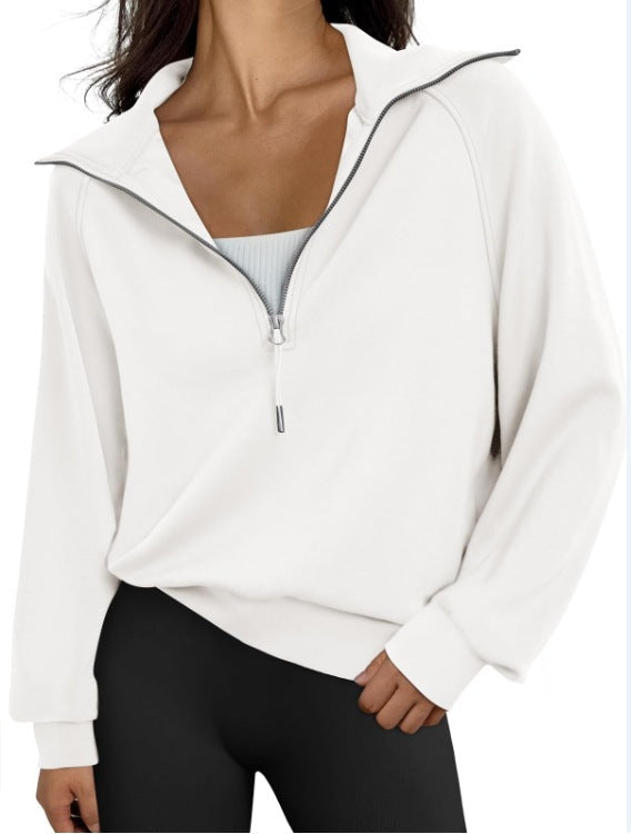 Women's Short Stand-collar Half-zip Fleece-lined Solid-color Sweatshirt