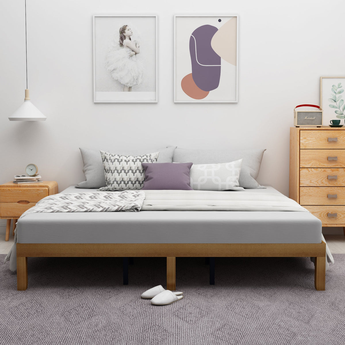 Queen Size Wood Platform Bed Frame,No Box Spring Needed,Strong Wood Slat Support, Easy Assembly