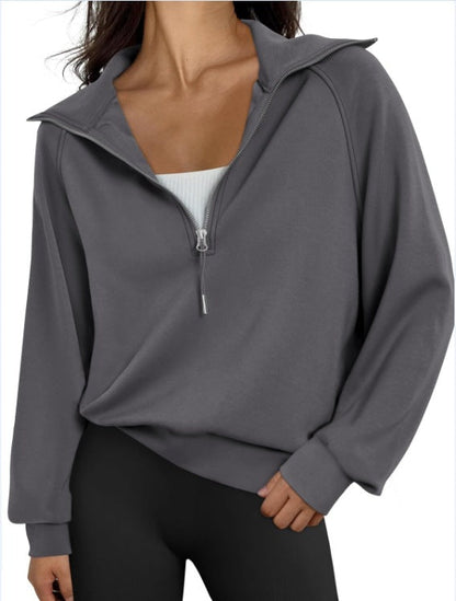 Women's Short Stand-collar Half-zip Fleece-lined Solid-color Sweatshirt