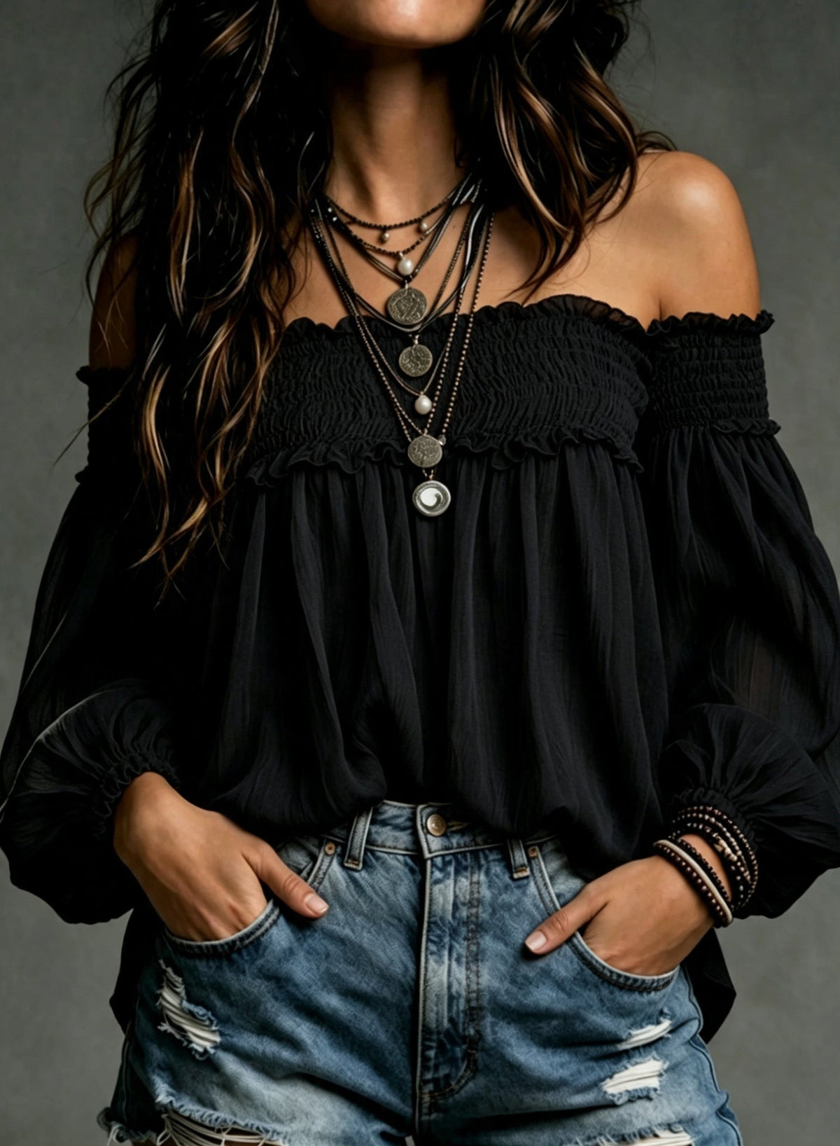 Womens Solid-color Off-shoulder Casual Smocking Top Shirt