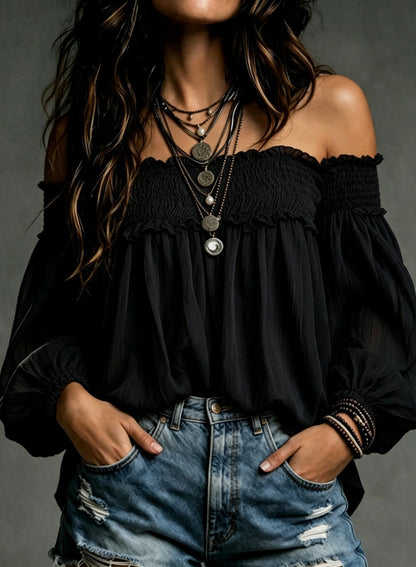 Womens Solid-color Off-shoulder Casual Smocking Top Shirt