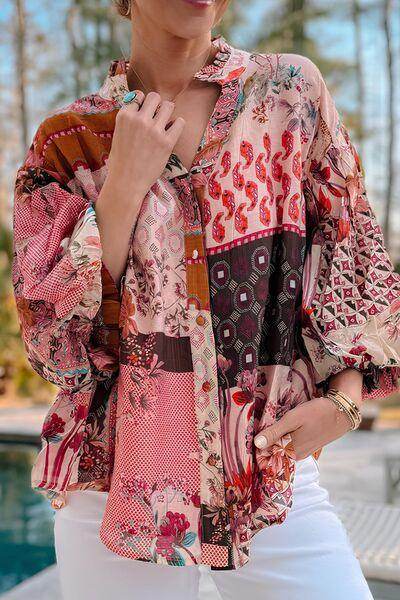 Patchwork Printed Notched Flounce Sleeve Shirt for Women