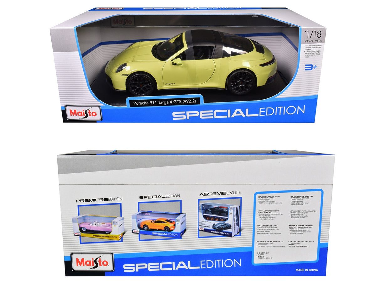 Porsche 911 Targa 4 GTS (992.2) Yellow with Black Top "Special Edition" Series 1/18 Diecast Model Car by Maisto
