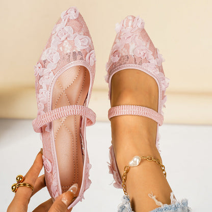 Lace-mesh Pointed-toe Low-cut Flats For Women Flat-bottomed Casual And Breathable