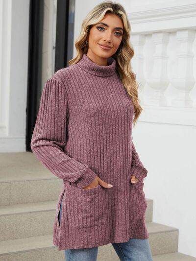 Slit Mock Neck Long Sleeve T-Shirt for Women with Pocket