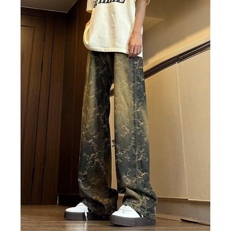 Mens American-Style Retro Jacquard Denim Jeans