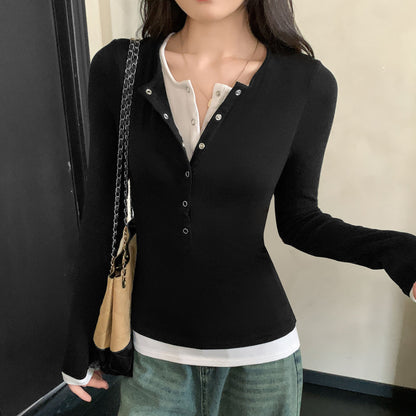 Color-block Faux Two-piece T-shirt Womens Long-sleeve Top