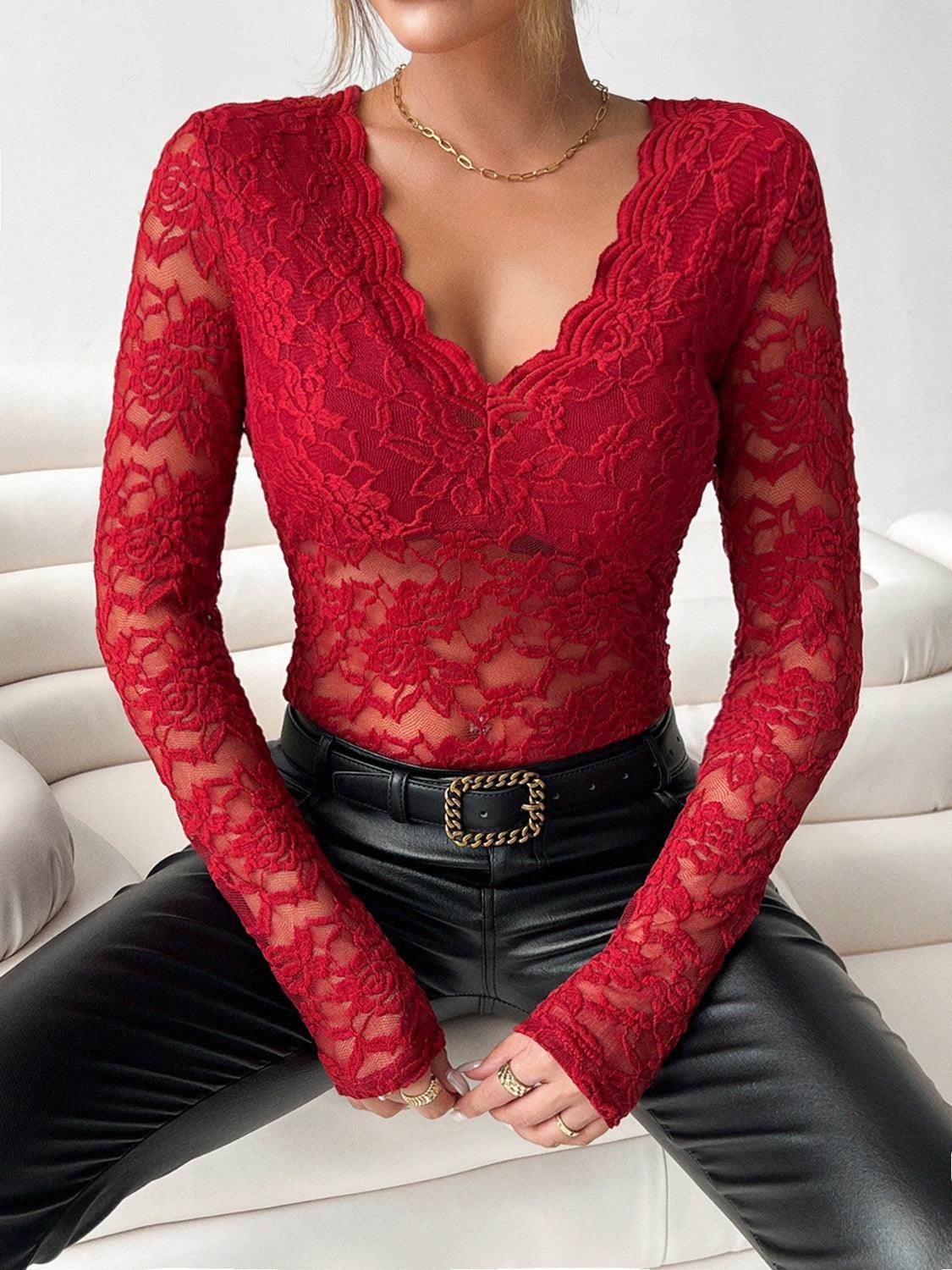V-Neck Long Sleeve Lace Top for Women in Various Sizes