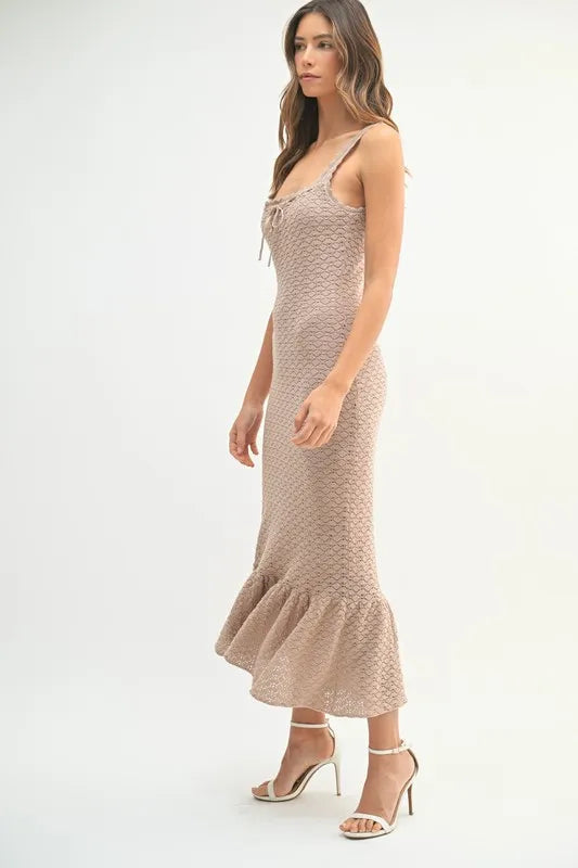 MABLE Ruffled Hem Sleeveless Crochet Knit Midi Dress