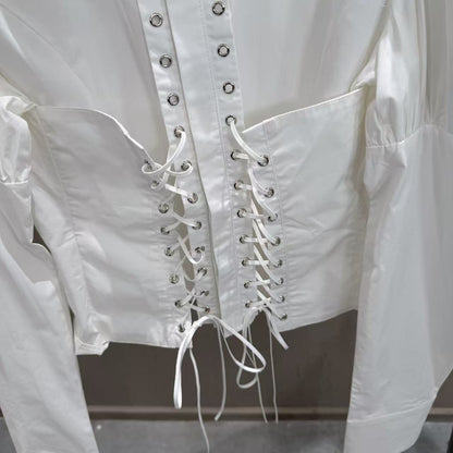 Puff Sleeve Corset Lace-Up Cropped Shirt