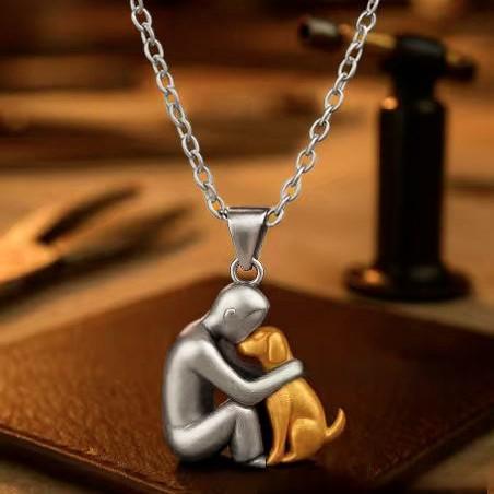 BoyGirl And Pet Cat Hugging Copper-Plated Necklace