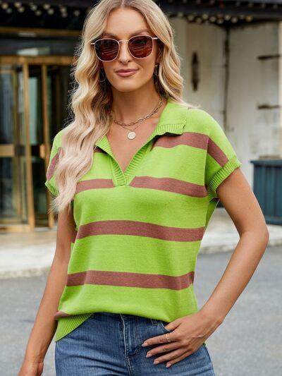 Striped Johnny Collar Cap Sleeve Sweater for Women