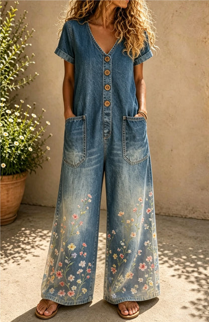 Buttoned Pockets Comfortable Short Sleeves Casual One-piece Wide-leg Jumpsuit