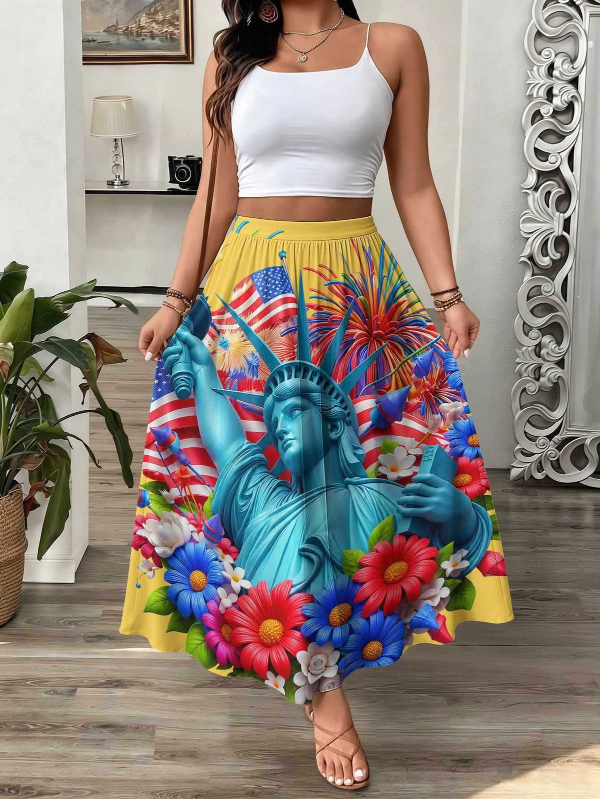Womens 3D-printed Elastic High-waist Skirt