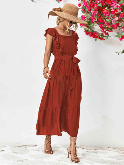 Tie Belt Ruffled Tiered Dress for Chic Midi Style