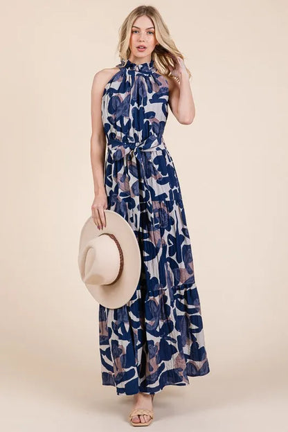 Lime 'N' Chili Abstract Halter Neck Tie-Waist Tiered Maxi Dress