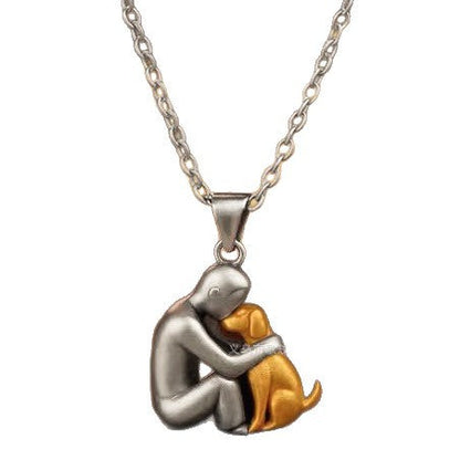 BoyGirl And Pet Cat Hugging Copper-Plated Necklace