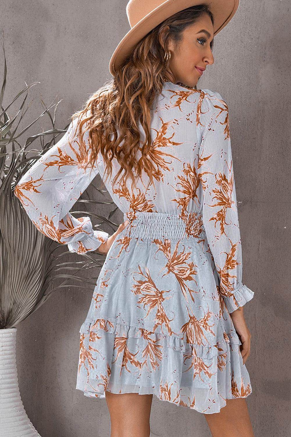 Floral Deep V Flounce Sleeve Mini Dress for Casual Chic