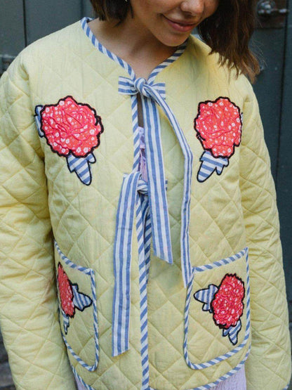 Embroidered Flower Tied Long Sleeve Winter Coat for Women