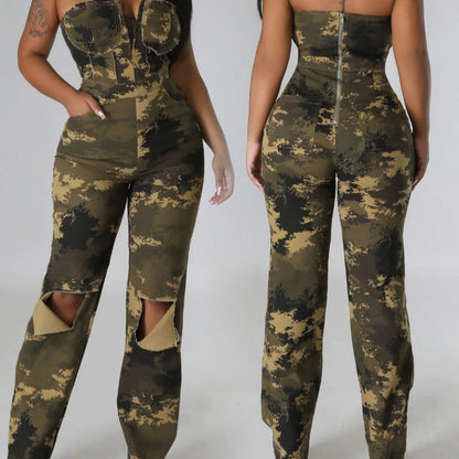 Off-shoulder Camouflage Chic Western-style Womens Jumpsuit