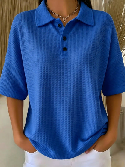 Cross-Border  Foreign Trade Fashion Waffle Short-Sleeved T-Shirt Solid Color Button T-Shirt Polo Collar Pullover Loose Top