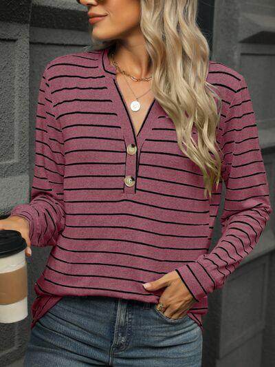 Striped Notched Long Sleeve T-Shirt for Casual Style