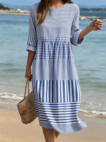 Womens Casual Patchwork Cotton-Linen Dress