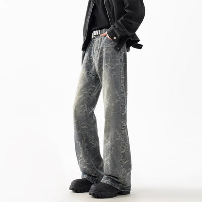 Men's Jacquard Denim Washed Straight-leg Cropped Flared Pants