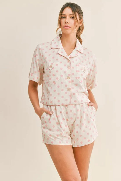 MABLE Polka Dot Collar Crop Top and Short Lounge Set