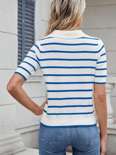 Striped Johnny Collar Short Sleeve Sweater for Women