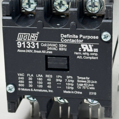 MARS Definite Purpose Contractor 3-Pole 30 Full Load AMP 24 VAC Coil Volt 91331