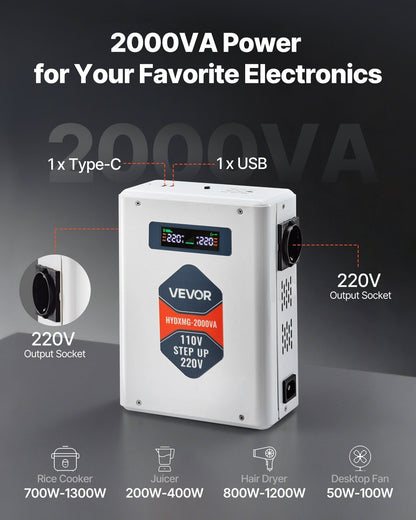 Step Up Voltage Converter, 2000VA, Heavy Duty Voltage Power Converter, 110V to 220V Power Transformer, with 2 EU Outlets, USB Output, LCD Display, Temperature Protection, for 220V Appliances