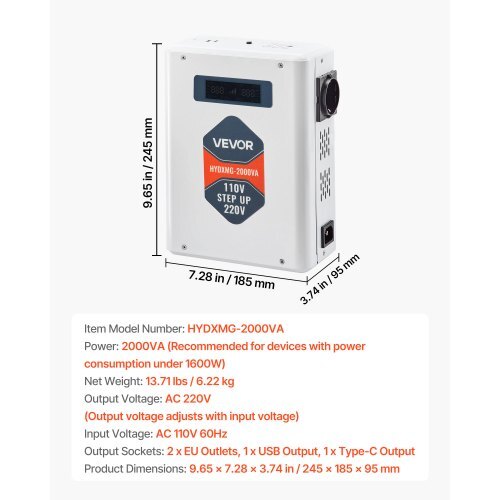Step Up Voltage Converter, 2000VA, Heavy Duty Voltage Power Converter, 110V to 220V Power Transformer, with 2 EU Outlets, USB Output, LCD Display, Temperature Protection, for 220V Appliances