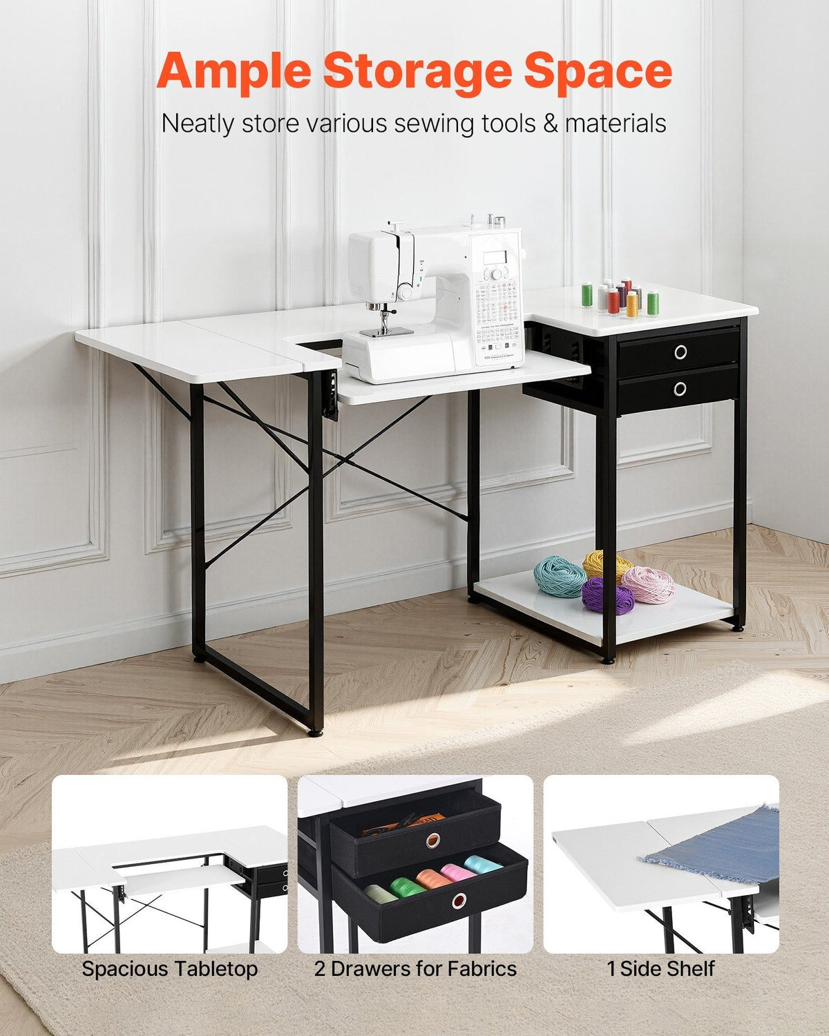 Sewing Table, Multipurpose Sewing Machine Table with Drawers, Foldable Side Shelf, Adjustable Shelf, Steel Legs, Computer Desk for Home, Fashion Studio, Art Studio, Educational Institution