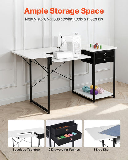 Sewing Table, Multipurpose Sewing Machine Table with Drawers, Foldable Side Shelf, Adjustable Shelf, Steel Legs, Computer Desk for Home, Fashion Studio, Art Studio, Educational Institution