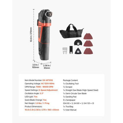 Multitool Oscillating Tool, 4Amps Electric Oscillating Multi Tool Corded with 6 Variable Speeds 7000 - 19000 OPM, 3.2? Oscillating Angle, 13PCS Saw Accessories, LED Work Light & Tool Bag