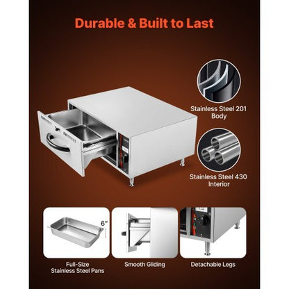 Commercial Electric Drawer Warmer, Single-Drawer Stainless Steel Food Warmer, Freestanding Standard Warming Drawer Cabinet, 85F185F Wide Temperature Range, for Restaurant, Hotel & Bakery