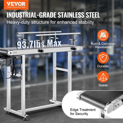 Belt Conveyor, 47 x 7.8 inch Conveyor Table, Heavy Duty Stainless Steel Motorized Belt Conveyor for Inkjet Coding Applications Powered PVC Belt Anti-Static Adjustable Speed (Double Guardrail)