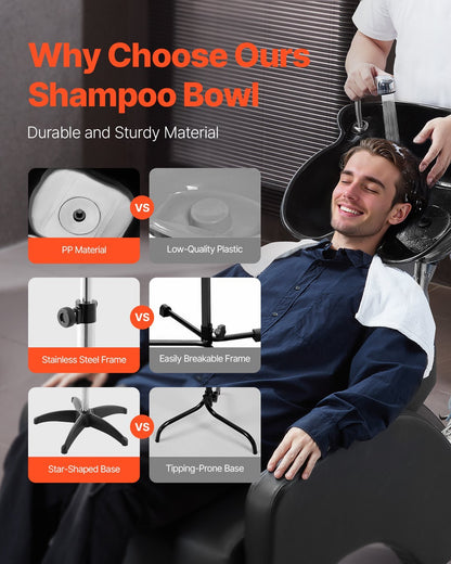 Portable Shampoo Bowl, Deep Shampoo Sink with Adjustable Height & Angle, Includes Drain Hose, Shower Head, Lightweight Hair Wash Basin for Barber Salon Spa Center & Home Use, Black