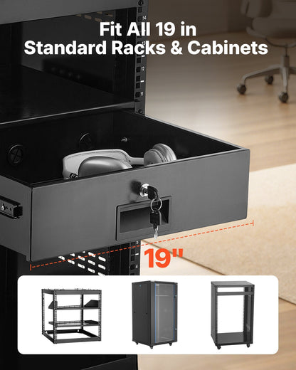 3U Rack Mount Drawer, 50 lbs Max Load-Bearing, Lockable Server Cabinet Case, Sliding Drawer with Lock and Cable Management Holes, for 19 in Network Equipment Server AV Rack or Cabinet Enclosure