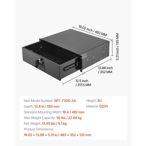 3U Rack Mount Drawer, 50 lbs Max Load-Bearing, Lockable Server Cabinet Case, Sliding Drawer with Lock and Cable Management Holes, for 19 in Network Equipment Server AV Rack or Cabinet Enclosure
