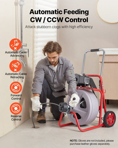 Drain Cleaner Machine 75 FT x 1/2 Inch, Auto Feed Sewer Snake Drain Auger on Wheels, Portable Drain Cleaning Machine with 8 Cutters & Air-Activated Foot Switch for 2" to 6" Pipes