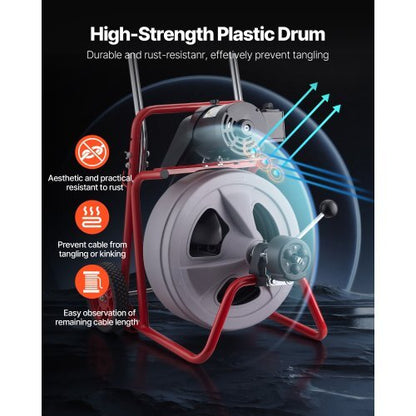 Drain Cleaner Machine 75 FT x 1/2 Inch, Auto Feed Sewer Snake Drain Auger on Wheels, Portable Drain Cleaning Machine with 8 Cutters & Air-Activated Foot Switch for 2" to 6" Pipes