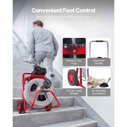 Drain Cleaner Machine 75 FT x 1/2 Inch, Auto Feed Sewer Snake Drain Auger on Wheels, Portable Drain Cleaning Machine with 8 Cutters & Air-Activated Foot Switch for 2" to 6" Pipes