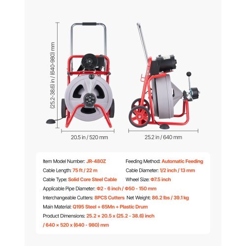 Drain Cleaner Machine 75 FT x 1/2 Inch, Auto Feed Sewer Snake Drain Auger on Wheels, Portable Drain Cleaning Machine with 8 Cutters & Air-Activated Foot Switch for 2" to 6" Pipes