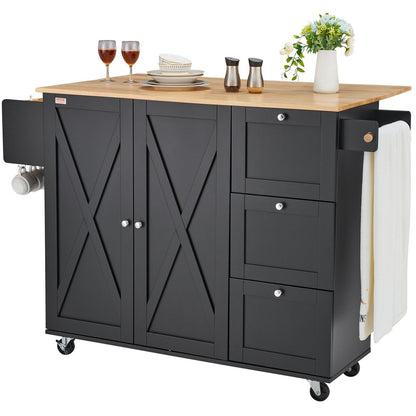 Kitchen Island Cart, 56" Wood Top Mobile Carts with Storage Cabinet, Rolling Table with Drop Leaf, Spice Rack, Towel Bar, Adjustable Shelf, Drawer, and Hooks, Portable Islands on Wheels, Black