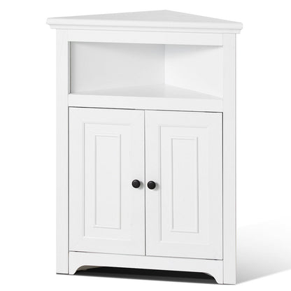 32" Corner Storage Cabinet, 3 Tiers Small Storage Cabinet with 2 Wooden Doors & Adjustable Shelves, Freestanding Corner Kitchen Cabinet for Living Room, Kitchen, Laundry Room, Bathroom, White