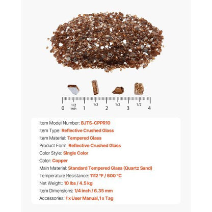 Fire Glass, 10 LBS / 4.5 KG High-Temperature Resistant Fireplace Rocks, 1/4-Inch / 6.35 mm Reflective & Smokeless Firepit Glass Rock, High Luster Stone Landscaping for Fire Pit Table, Copper